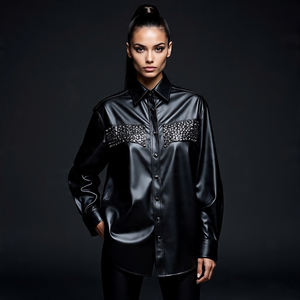 Camisa de Cuero Genuino con Botones y Piel Sintética, Estilo Vintage, Holgada, para Mujer, Ecológica, Estilo Urbano - Product Image 3