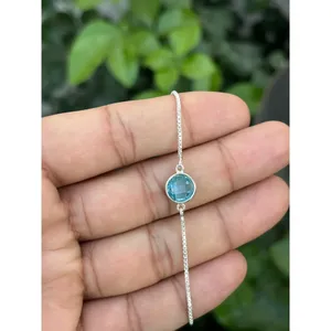 925 <b>Silver</b> for Swiss Blue Topaz Tennis <b>Bracelet</b> with 14K Gold Chain Diamond and Pearl Religious Style <b>Bangles</b> - Product Image 1