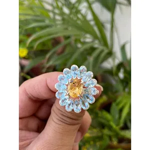 Vintage 925 Silver Cocktail <b>Ring</b> with Citrine & Blue Topaz Gold Plated Metal Gemstone Free Size for Party Crafted in <b>Brass</b> - Product Image 2