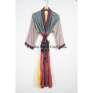 Luxury Floral Elegant Silk Patchwork Kimono Robe Handmade Indian Vintage Recycled Silk Sari <b>Long</b> <b>Sleeve</b> Drawstring Closure - Product Image 1