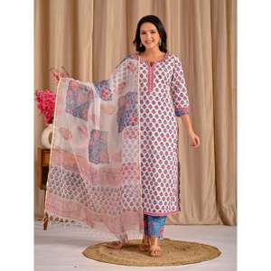 Traje étnico Anarkali de algodón estampado Butta Block blanco y rojo para mujer, ideal para fiestas y ocasiones especiales, hecho con tela de red. - Product Image 3