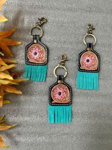 New Real Handcrafted Genuine Color Tooled Leather Cute Charming Tassel Keyrings Hot Sale Western Style Modern Turquoise <b>Key</b> Fobs - Product Image 2
