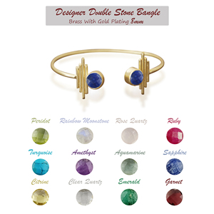 Turquoise Gemstone Designer <b>Bangles</b> <b>Gold</b> <b>Plated</b> 8mm Double Stone Faceted Birthstone <b>Bangle</b> For Her - Product Image 3