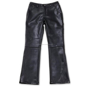 Custom Designer Solid Black <b>Flared</b> Pocket Zipper <b>Leather</b> Pants for Men - Product Image 1
