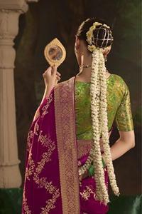 Crêpe de soie pure de créateur avec tissage Zari lourd et Tussles sur Pallu, mariage de style traditionnel, vêtements pour femmes de haute qualité - Product Image 3