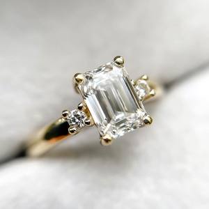 5x7mm <b>Emerald</b> Cut Moissanite Diamond Engagement <b>Ring</b> | Side Stones | Sterling <b>Silver</b> 18K Gold Plated Minimalist Bridal Wedding - Product Image 1