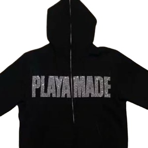 Sweat à capuche noir personnalisé avec logo en strass, 100% coton, streetwear oversize d'hiver pour hommes et femmes - Product Image 1