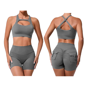 Vente en gros de vêtements de sport soutien-gorge à épaule dénudée pour femmes ensembles de yoga ensemble soutien-gorge et short de sport pour femmes ensemble de sport - Product Image 4