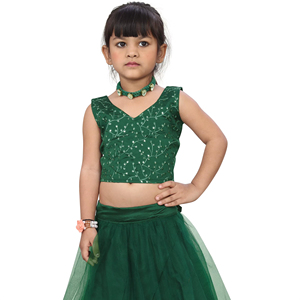 Lehenga Choli Verde de Moda Shoryam para Niñas |   Blusa sin Mangas Bordada con Lehenga de Red |   Vestido Largo de Secado Rápido para Niñas, Festivo - Product Image 1