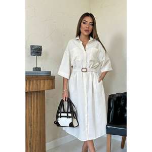 Robe beige ceinturée respirante à taille naturelle pour la vente en gros - Product Image 3