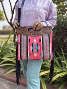 New Arrival Stylish Lightweight Women's <b>Hand</b> Tooled Fringe Jacquard Sling Bag Red Aztec Fabric Zipper Closure Letter Bohemian - Product Image 5