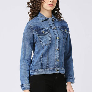 Traje de moda Chaqueta de mezclilla de material Premium para mujer Bajo presupuesto Logotipo personalizado impreso Diseño OEM para chaqueta de mezclilla de mujer - Product Image 3