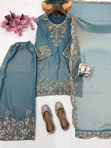 Salwar Kameez para Mujer, Corte Ajustado, Midi, para Fiestas y Bodas, Secado Rápido, Hermoso Traje Moderno de Diseñador, Tela de Seda Mos Pesada con Hilo Interior - Product Image 3