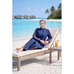 Maillot de bain trois pièces modeste bleu marine à imprimé léopard avec fermeture éclair, style burkini, avec soutien-gorge push-up et pantalon, pour la plage et la baignade - Product Image 3