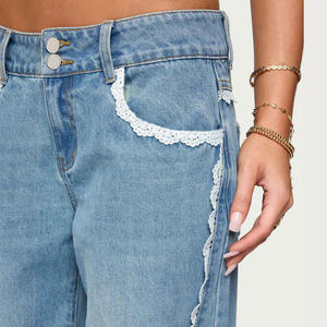 Jeans de Mujer de Talle Bajo con Encaje, Doble Botonadura, Cintura Ancha, Pantalones Vaqueros de Mezclilla para Mujer, Lavado Azul, Pierna Ancha - Product Image 3