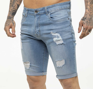 Short en jean décontracté en coton pour hommes, longueur au genou, extensible, lavé, déchiré, avec impression numérique. - Product Image 1