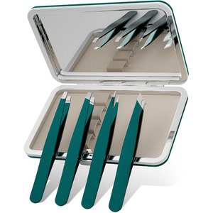 Juego de 4 pinzas de Punta inclinada de acero inoxidable (verde) para depiladora de vello facial y cejas con ESTUCHE DE ESPEJO - Product Image 1