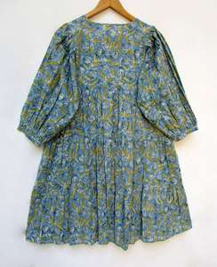 Meilleure vente blanc Violet coton lavable bouton imprimé fleuri manches longues bloc imprimé niveau décontracté Vintage a-ligne longueur au genou - Product Image 2