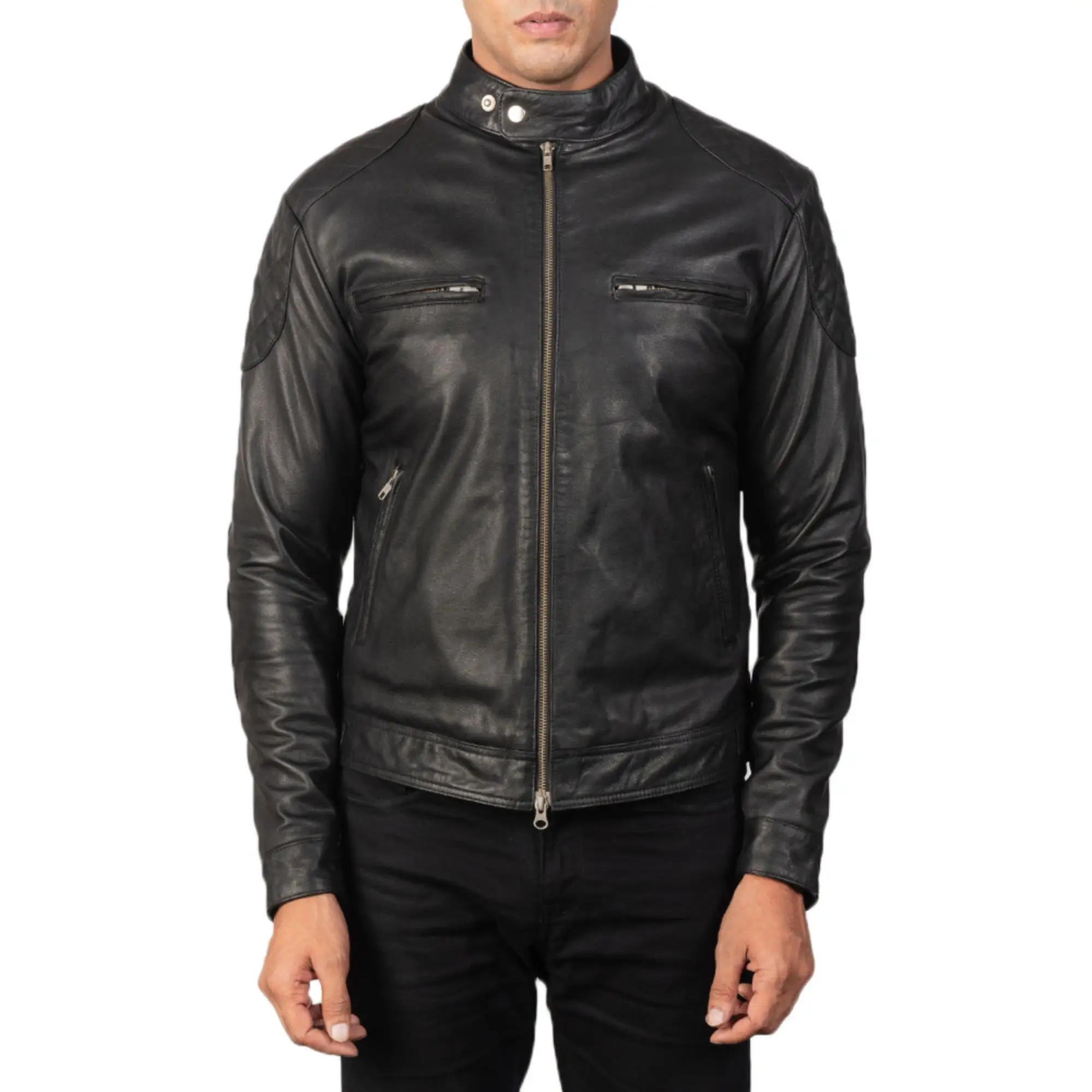 Real Leather Sheepskin Aniline Zipper Gatsby Black Biker men Jacket with Quilted Viscose Lining and Inside Outside Pockets
