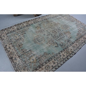 Alfombra turca Vintage de 5,4x8,6 pies, diseño de retales de lana verde y Beige, respaldo de látex para el hogar, sala de estar, estilo Rectangular-Tabriz - Product Image 2