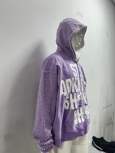Sudaderas con Capucha para Hombre, Estilo Hip Hop, Bordado Lavado, Diseño Personalizado OEM, Estilo Urbano, Desgastado, Decolorado por el Sol, 400 g/m², con Pedrería - Product Image 4