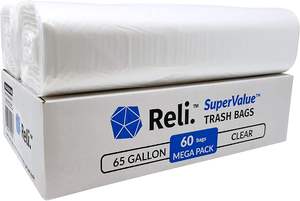 Reli. Bolsas de Basura SuperValue de 65 Galones, Paquete de 60, Hechas en EE. UU., Resistentes, Transparentes, Multiusos - Product Image 5