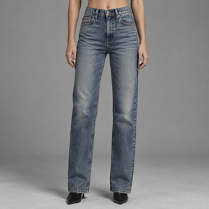 Jean droit taille haute pour femme en denim bleu patiné, délavage naturel effet moustaches, avec ferrures laiton, cinq poches classiques, pantalon décontracté - Product Image 1