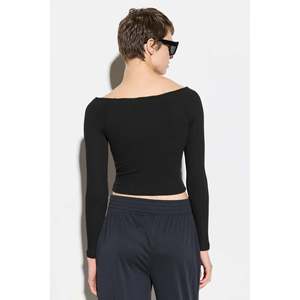Blusa Casual para Mujer, Cuello Redondo, Bordado en la Parte Delantera, Lentejuelas, Larga y Corta, Disponible para Fiestas, Talla XL, Negra, Sarga, Seda, Tejido de Punto, Manga Larga - Product Image 4