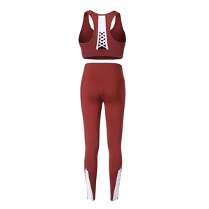 Ensemble de yoga 2 pièces pour femme, taille haute, sans couture, en tricot uni et élasthanne, avec brassière de sport à dos croisé et leggings, tenue de sport - Product Image 2