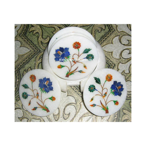 Most Beautiful High Quality <b>White</b> Marble Florals Inlay Design Work Coaster Set Use For Keep On Glass And Use For Home Kitchen - Product Image 1