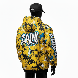 Chaqueta Cortavientos Premium para Mujer, Tela de Poliéster Suave, Estampado Gráfico Amarillo y Azul Vibrante, Chaqueta con Logotipo Personalizado por Sublimación para Mujer - Product Image 5