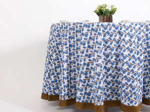 Hand Block Printed Cotton <b>Tablecloth</b>: Turkish Blue Floral Round Table Cover Printed Dinner Table Decor Factory Price - Product Image 3