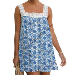 Novedades de Verano, Vestido al por Mayor, Vestido de Algodón sin Mangas con Estampado de Bloques, Blusa Corta con Encaje para Oficina y Uso Diario para Mujer - Product Image 2