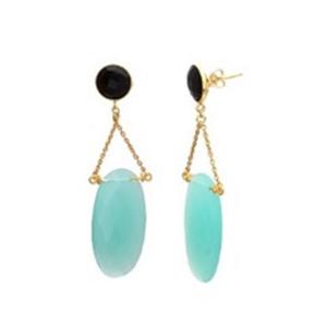 New Arrival Aqua Chalcedony & <b>Black</b> Onyx Gemstone 925 Sterling Silver Oval And Round Shape <b>Earrings</b> - Product Image 1