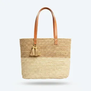 Sac fourre-tout d'épaule décontracté en raphia tressé pour femme, style bohème, avec fermeture éclair géométrique, deux poignées et pompons décoratifs, capacité 1L - Product Image 4
