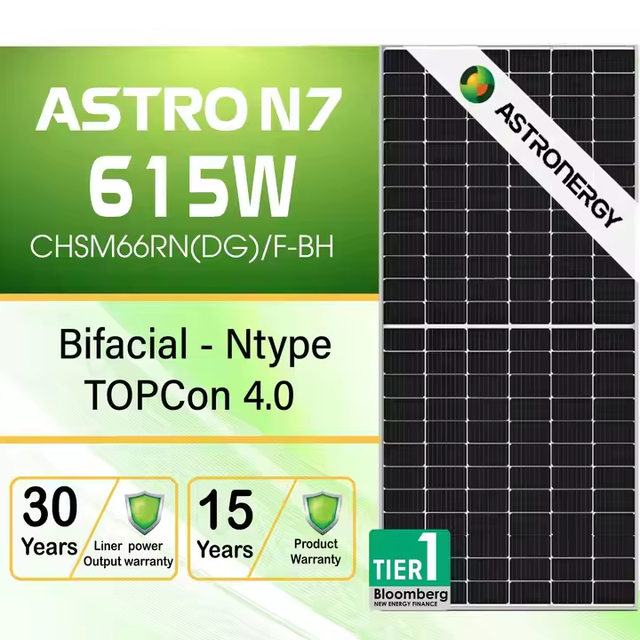 Astroenergy Monocrystalline N-Type TOPCON Solar Panel 605W 610W 615W 620W 625W 630W Bifacial Dual Glass for Solar Power System