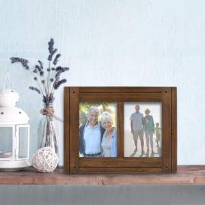 Cadre photo Homestead Double 5x7 en noyer foncé-Décor rustique en détresse Cadre photo en bois Chevalet bidirectionnel Mur ou table - Product Image 2