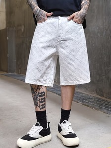 Shorts décontractés pour hommes en denim blanc patchwork, taille mi-haute, entrejambe de 5 pouces, fermeture boutonnée, poches, style urbain, respirant, coupe-vent - Product Image 5