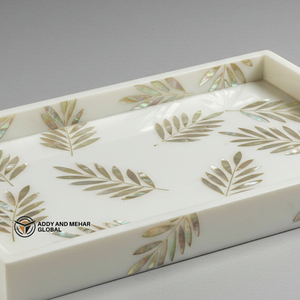 ผู้จัดจำหน่ายชาวอินเดียเสนอถาดเก็บของทรงสี่เหลี่ยมผืนผ้าลายโมเสคจากเปลือกหอยมุก (MOP) คุณภาพสูง - สีขาว/สีรุ้ง พร้อมหูจับลายทอง - Product Image 4