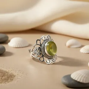 Anillo de Cóctel Estilo Bohemia, Chapado en Plata 925, con Jade Natural Redondo en Engaste de Bisel, Anillo Unisex de Moda - Product Image 1