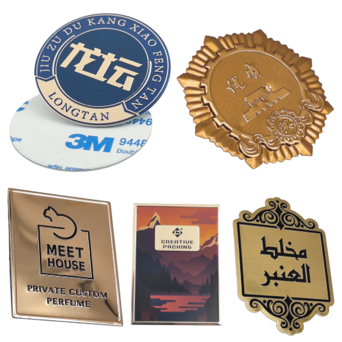 Eco-Friendly Durable Aluminum Embossed Labels Adhesive Backing Customizable Shape Waterproof for Luxury Packaging