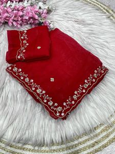 Designer Rouge Satin Tissu Séquence Brits Travail Saree Dernier Exclusif Ethnique Mariée Adultes Mariages Superbe Fête Porter Ennemi Femmes - Product Image 3