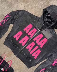 Custom Acid Wash Rhinestone Sweatsuit Jogger Distressed <b>Embroidery</b> Oversized Cropped Flare Sweatpants and Hoodie Tracksuit <b>Set</b> - Product Image 2