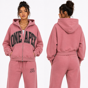 <b>Women's</b> Winter Oversized <b>Pink</b> Acid Wash Zipper <b>Hoodie</b> Heavyweight Cotton Rhinestone Graphic Streetwear Fashion Jacket - Product Image 5