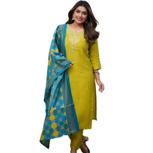 Ensemble Shalwar Kameez Plazzo Kurti Dupatta indien en viscose Chanderi non cousu, avec de magnifiques broderies lourdes, multicolore - Product Image 1