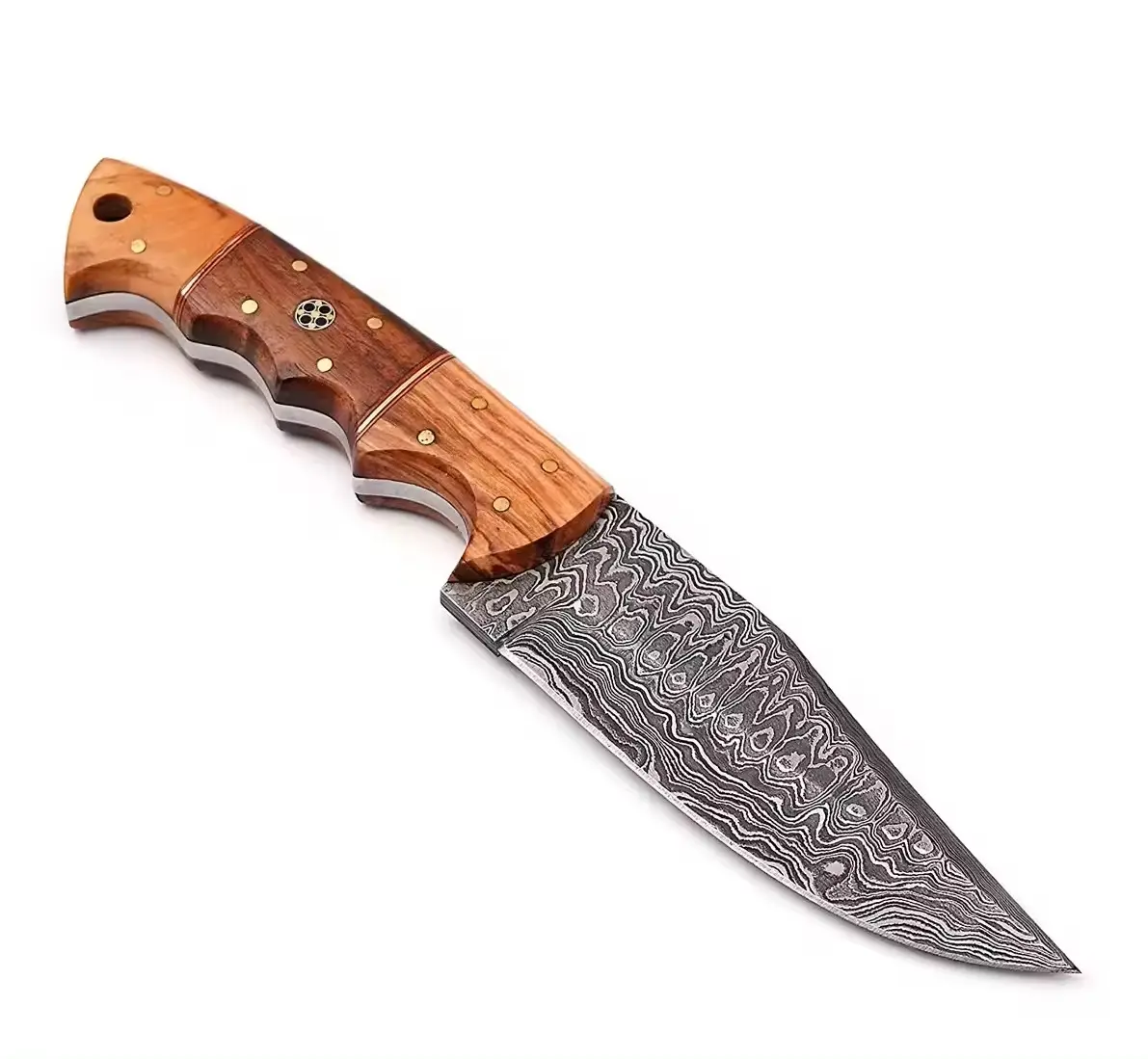 Cuchillo de caza de acero de Damasco de etiqueta privada con Funda de cuero Suministro directo de fábrica