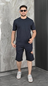Men's Black T-Shirt and Terry <b>Jogger</b> Set Crew Neck Short Sleeve Casual Summer Outfit <b>White</b> Trim Drawstring Waist Eco-Friendly - Product Image 5