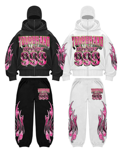 Fabricant Logo personnalisé recadrée 400gsm français éponge survêtement pantalon de survêtement évasé fermeture éclair Dtf impression sweats à capuche hommes ensemble basique coton - Product Image 1