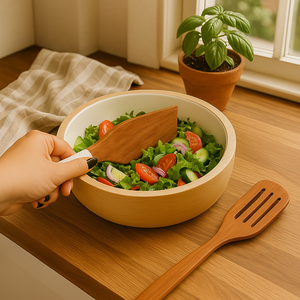 Ensaladera redonda de madera para cocina casera con 2 espátulas Mango de madera con esmalte para mezclar frutas y verduras ensaladera - Product Image 4