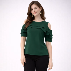 Shoryam Fashion Blusa de Mujer Verde con Cuello Redondo y Manga Media, Hombros Descubiertos con Volantes, Elegante, Estilo Formal Occidental, Sólida, de Crepé de Secado Rápido - Product Image 1